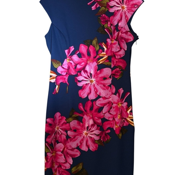 Blue Sheath Cocktail Dress with Pink Floral - Picture 3 of 6